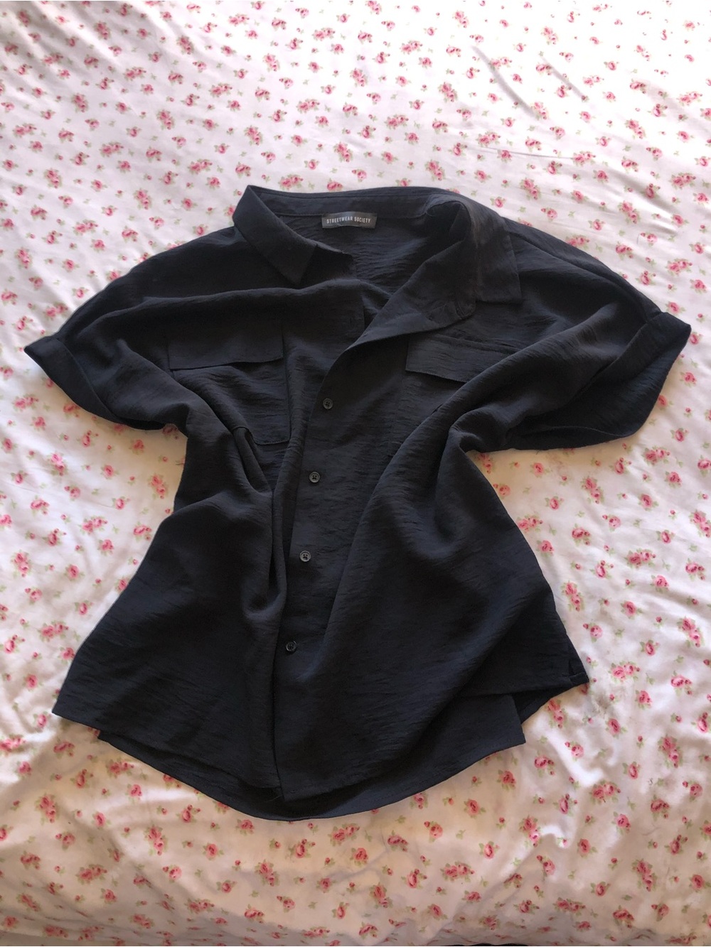 Black Short-Sleeve Button-Down Camp Collar Shirt